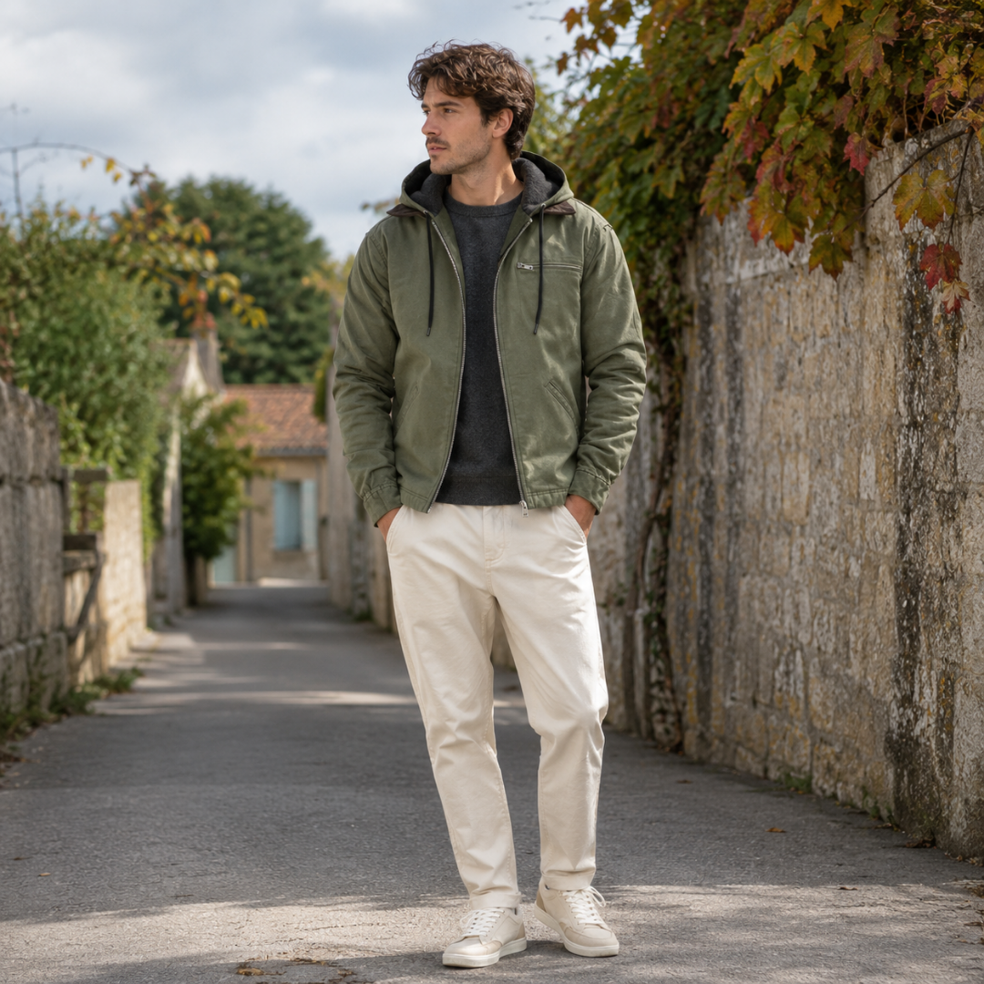 Blouson homme vert à capuche à cordon, porté ouvert avec pantalon écru