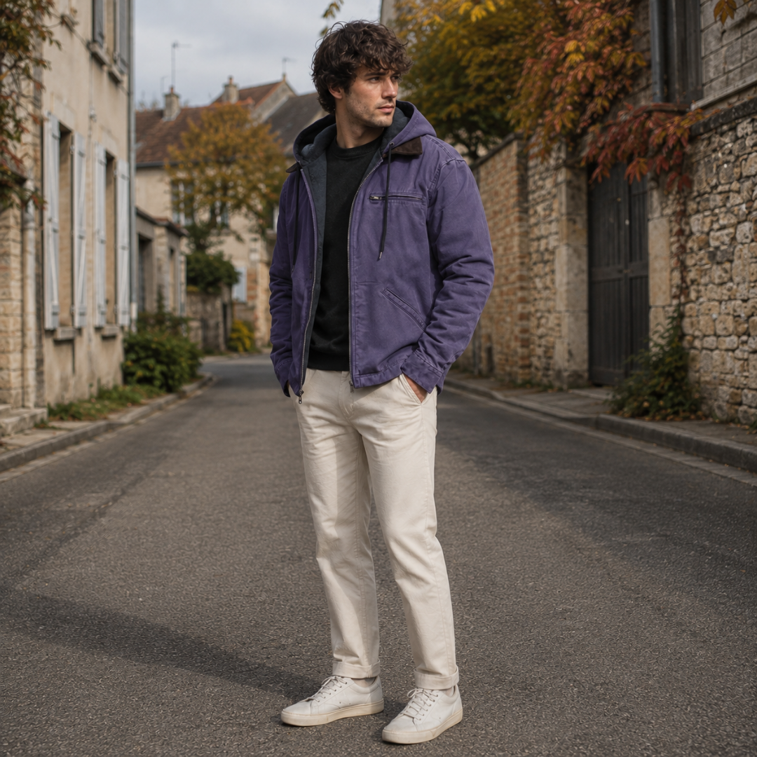 Blouson violet homme à poche poitrine zippée et cordon de serrage à la capuche