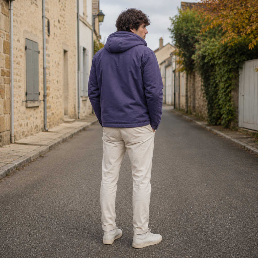 Vue de dos du blouson homme violet à capuche et coupe courte