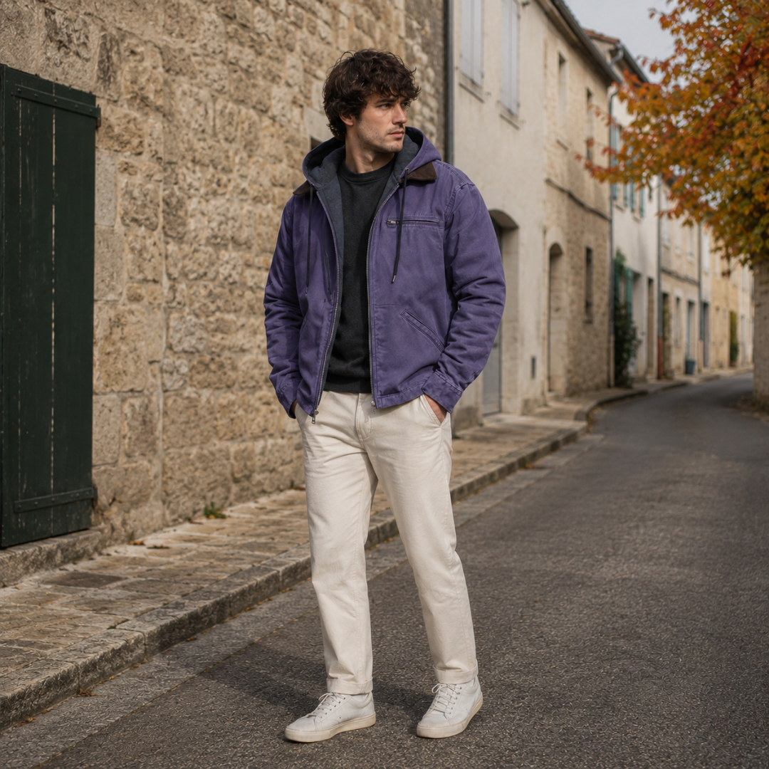 Blouson homme violet avec empiècement marron au col et fermeture zippée devant