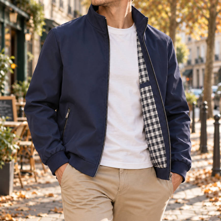 Blouson bombardier homme bleu ouvert, col montant et intérieur à carreaux noir et blanc