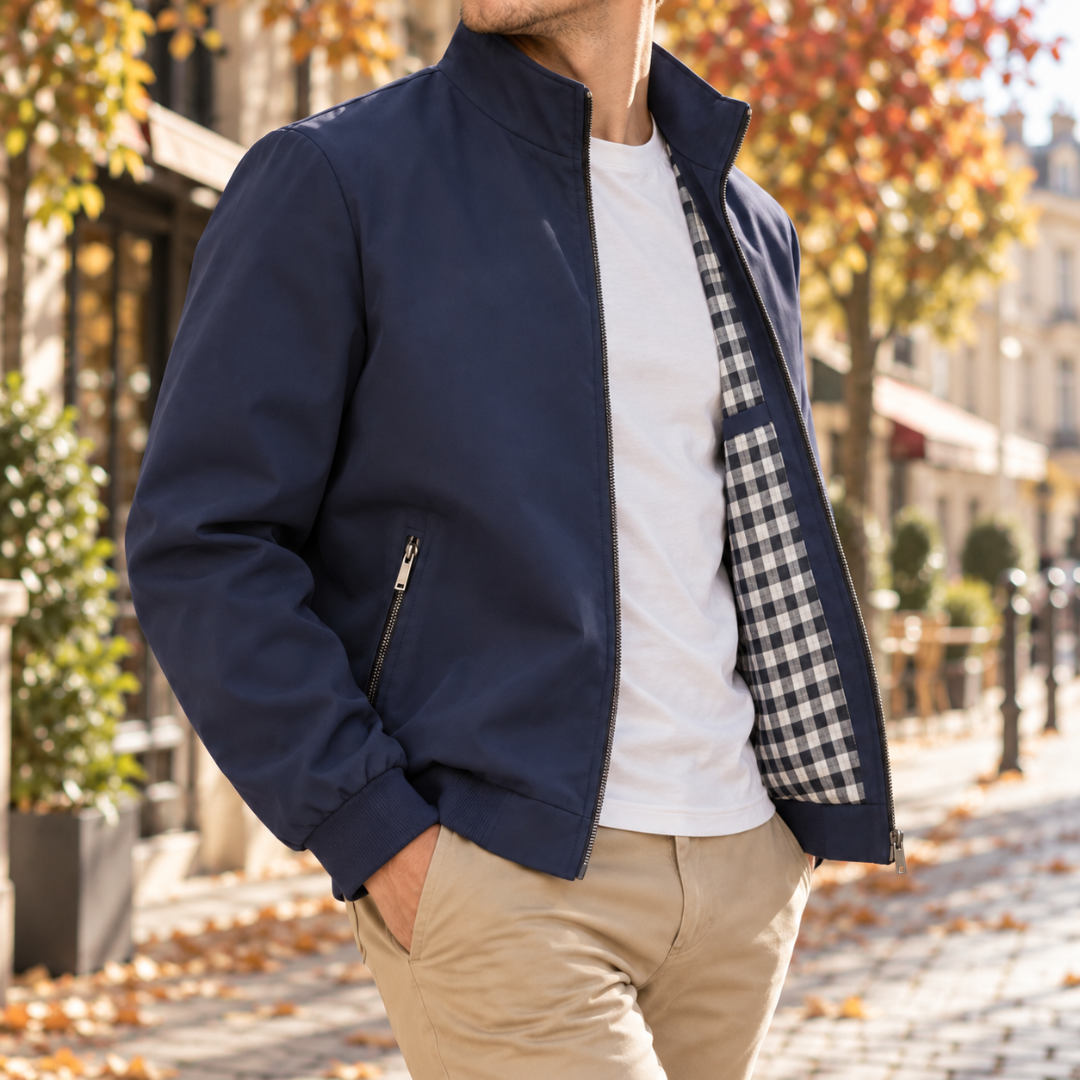 Blouson bombardier homme bleu porté ouvert sur un tee-shirt blanc et un chino beige