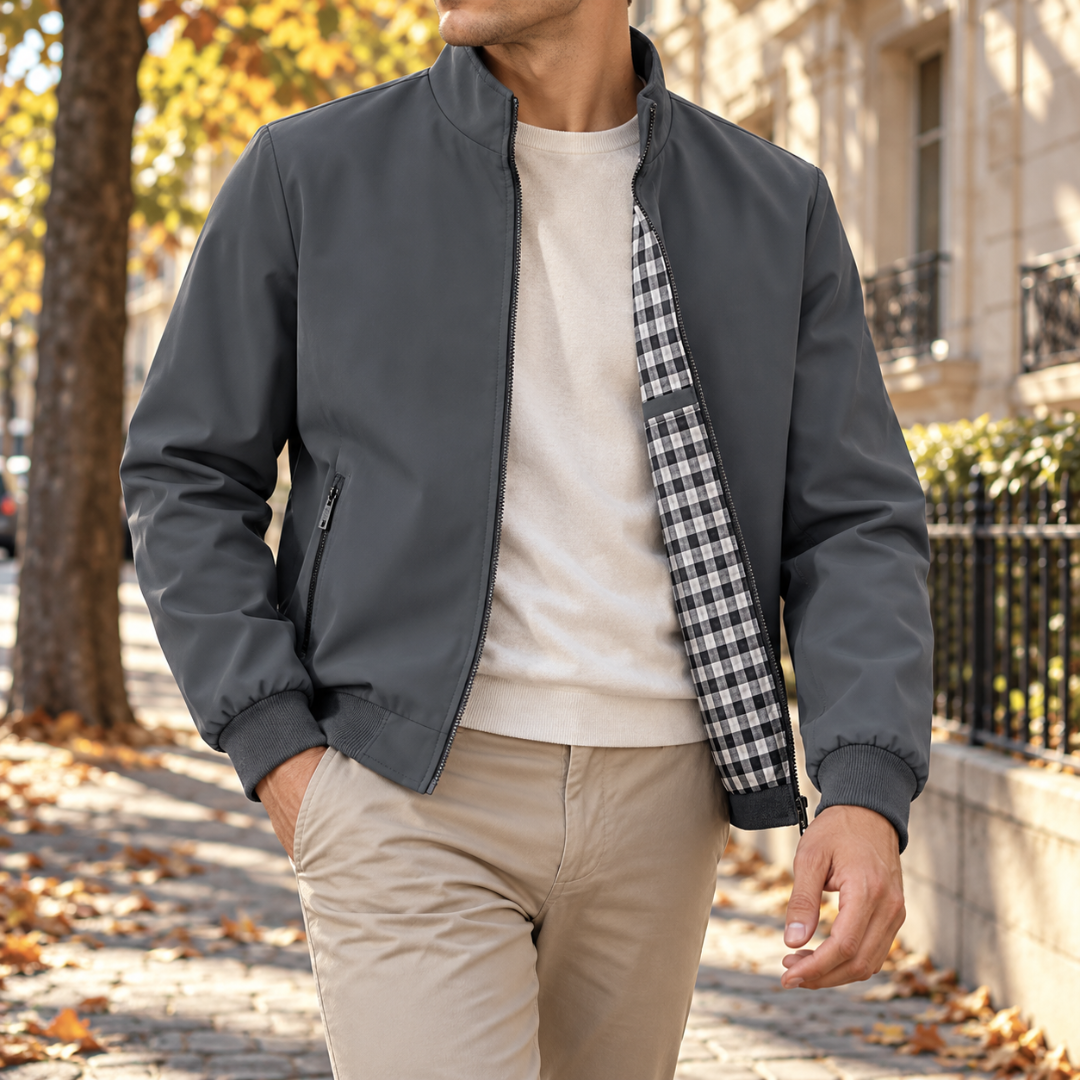Blouson bombardier homme gris foncé zippé, col montant et carreaux contrastés à l'intérieur