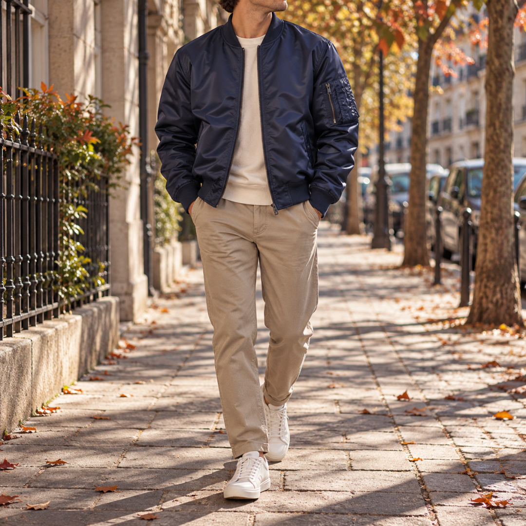 Blouson bomber homme bleu marine avec col côtelé, porté sur un pantalon beige
