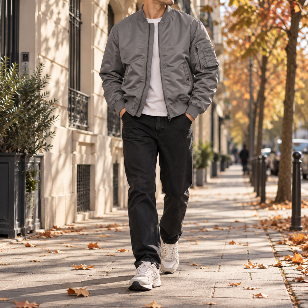 Blouson bomber homme gris avec col côtelé et poche zippée sur la manche