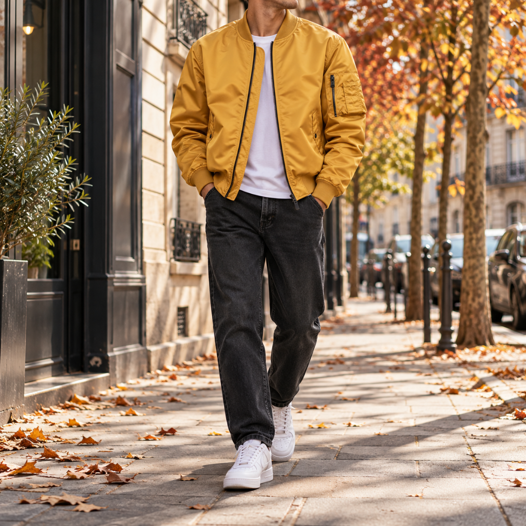 Blouson bomber homme jaune ouvert, fermeture éclair centrale et poche zippée sur la manche