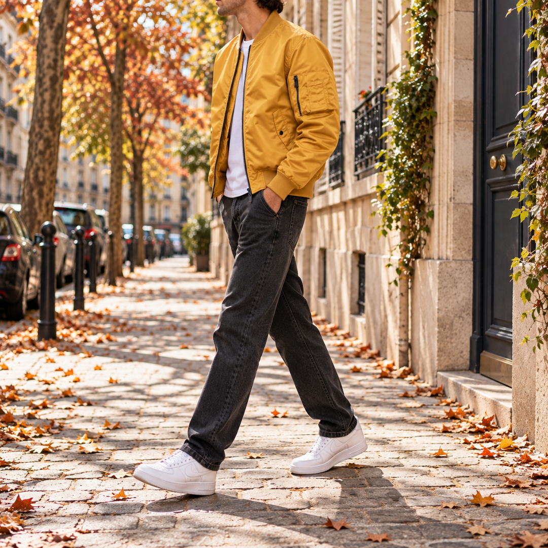 Blouson bomber jaune vu de profil, bas côtelé et poche latérale visible