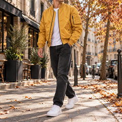 Homme en blouson bomber jaune zippé, poignets côtelés et coupe courte à la taille