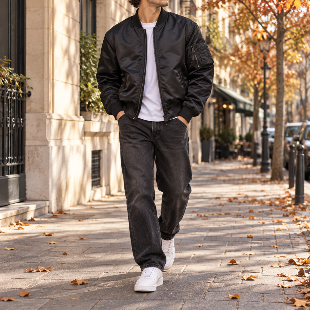 Blouson bomber homme noir zippé, poignets côtelés et poche sur la manche