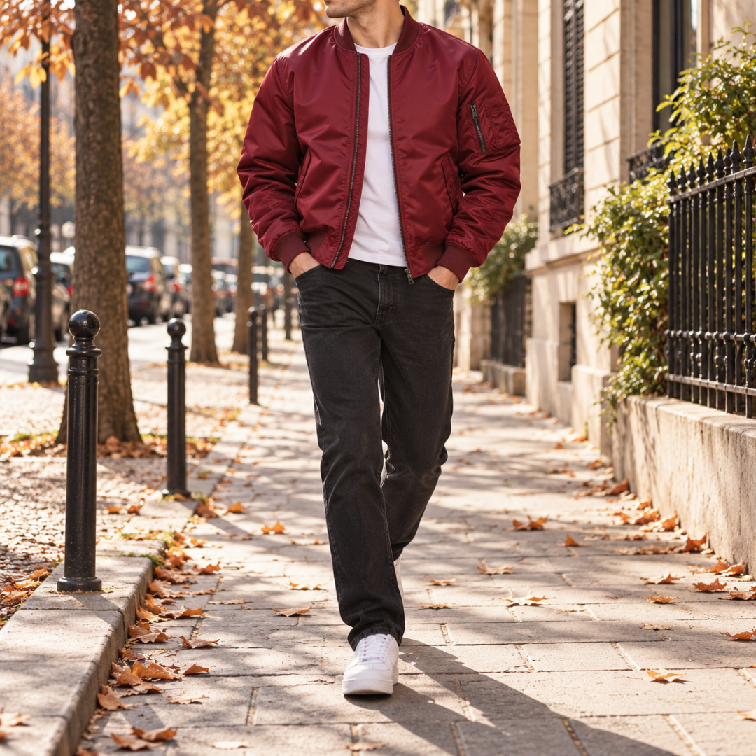 Blouson bomber homme rouge profond, fermeture éclair ouverte et bords côtelés
