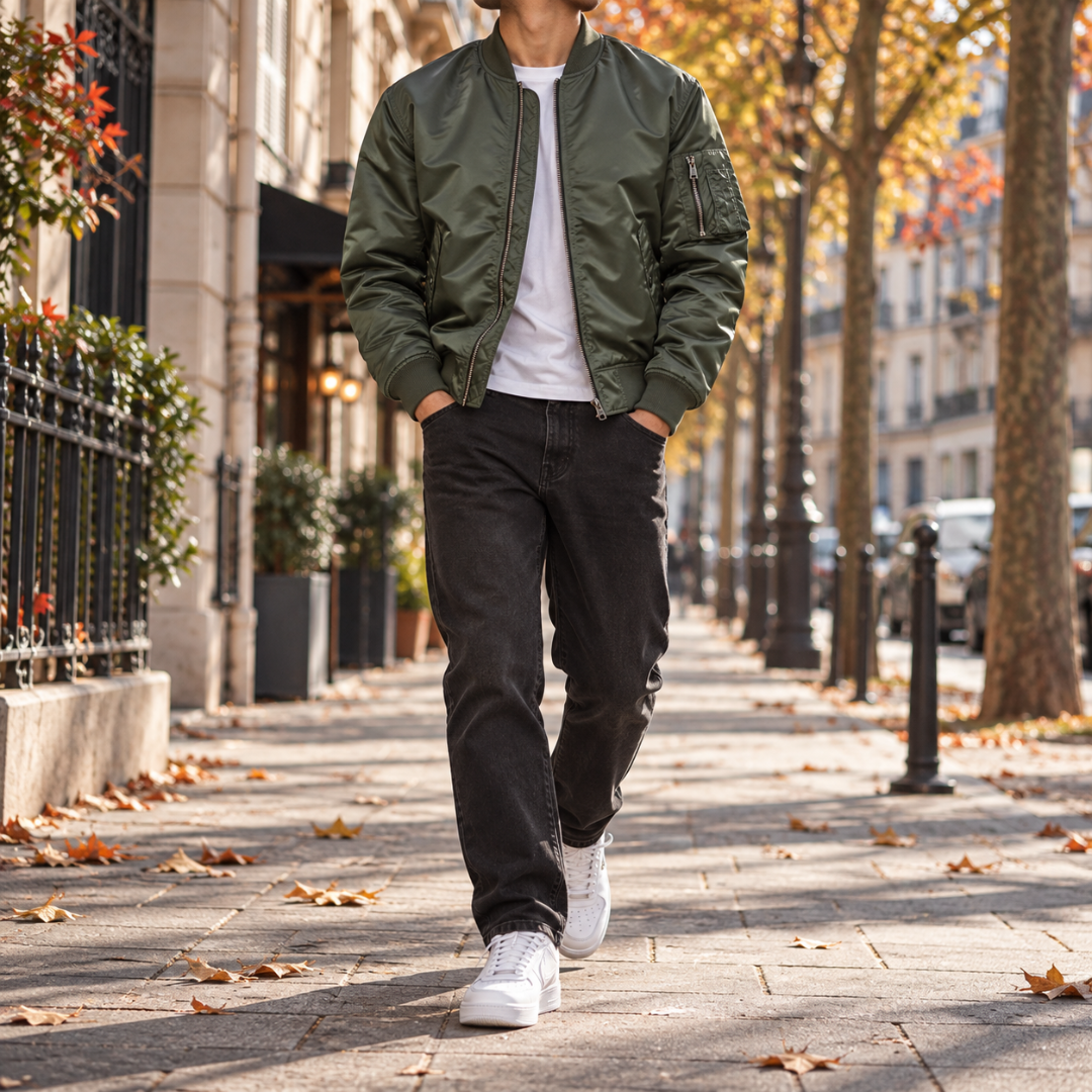 Blouson bomber homme vert foncé porté ouvert, poche zippée sur la manche