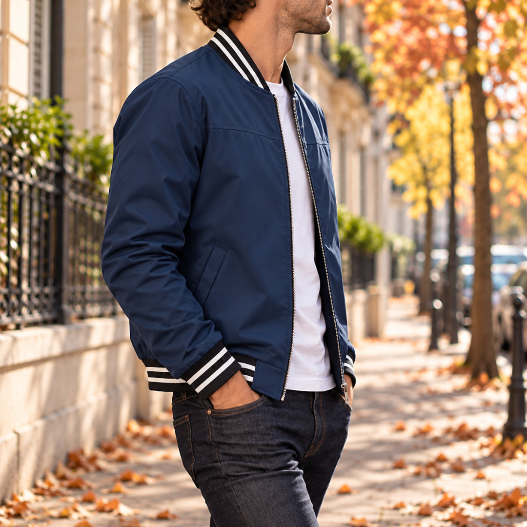 Blouson bomber bleu marine de profil, poche latérale en biais et poignet rayé