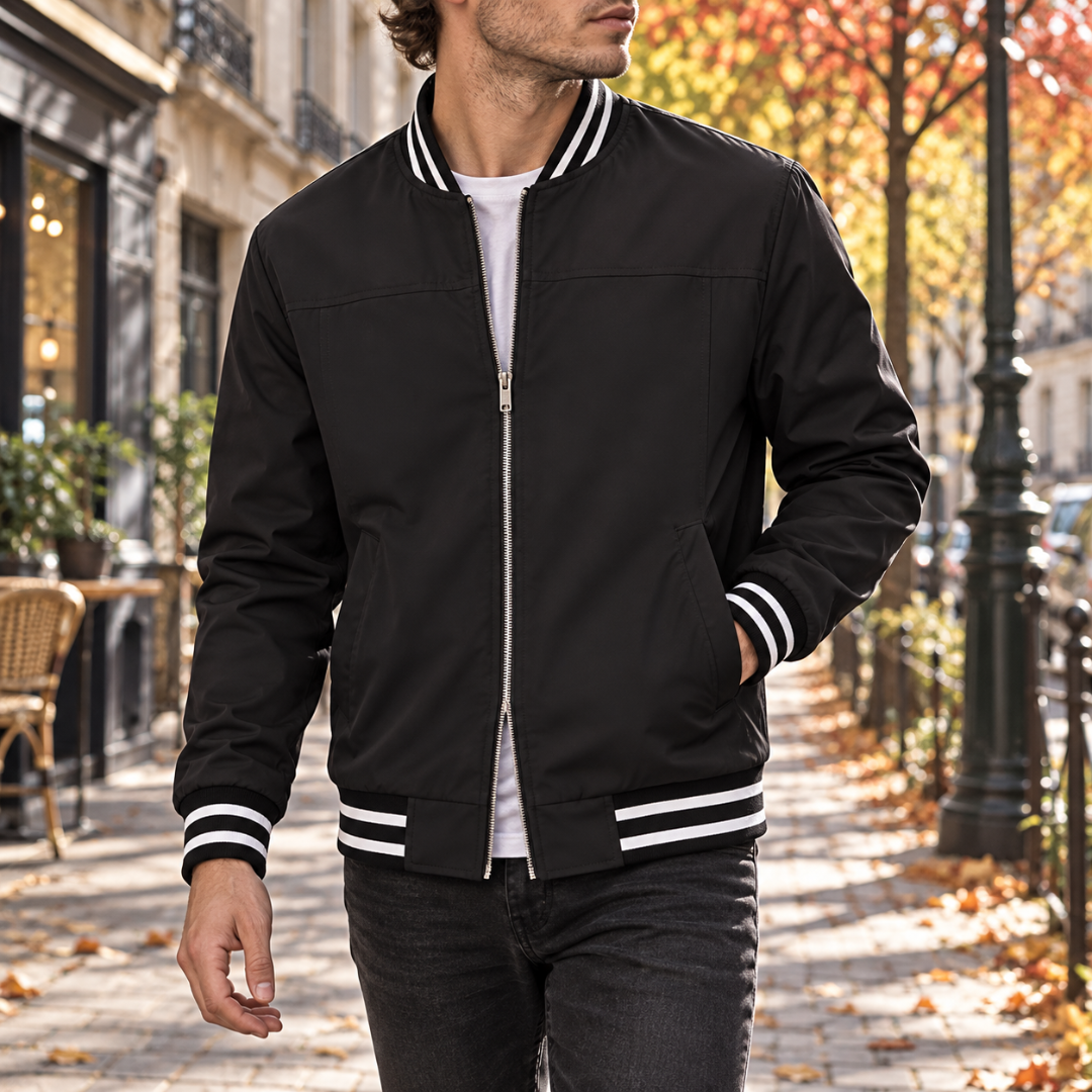 Blouson bomber homme noir zippé, bords côtelés rayés blanc et noir