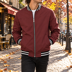 Blouson bomber homme rouge zippé avec col et bas rayés noir et blanc