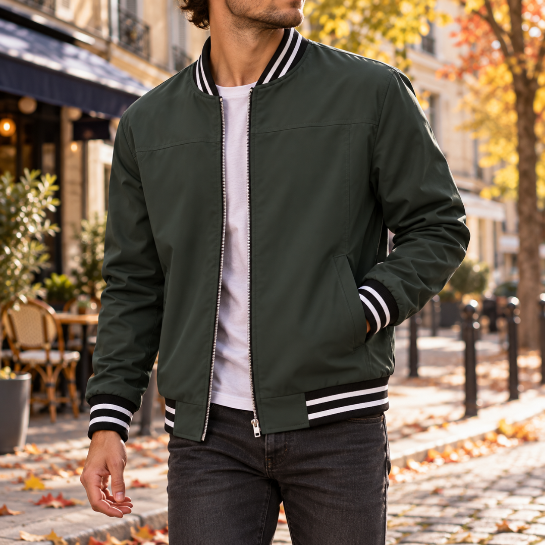 Blouson bomber homme vert ouvert, poignets côtelés rayés et poches latérales