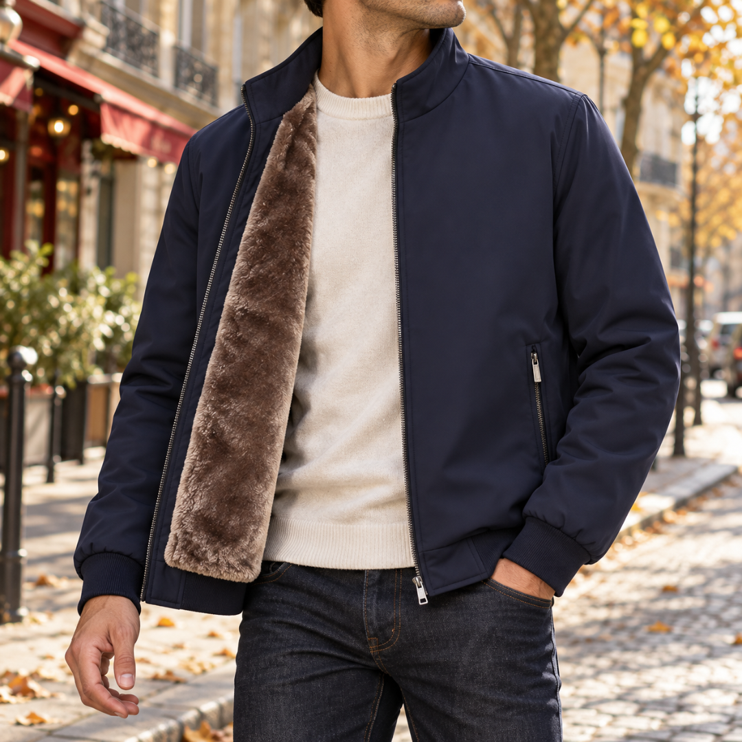 Blouson bomber homme bleu marine zippé, intérieur effet fourrure visible au revers