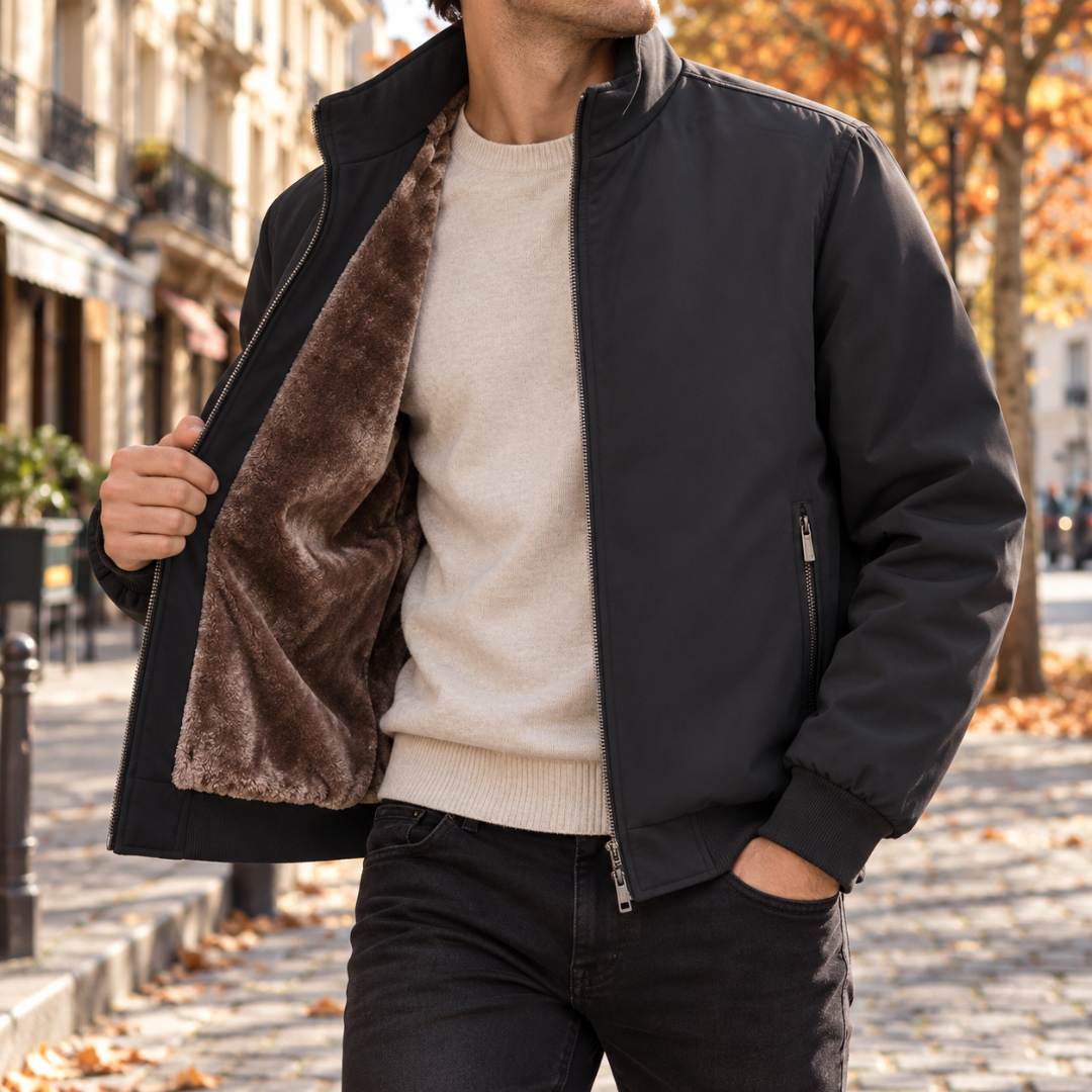 Blouson bomber homme gris foncé avec col montant et poignets côtelés