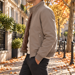 Vue de profil du blouson bomber kaki avec poche zippée et bord côtelé