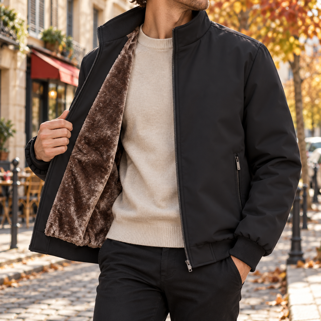 Blouson bomber homme noir ouvert, poche zippée et bas de taille côtelé