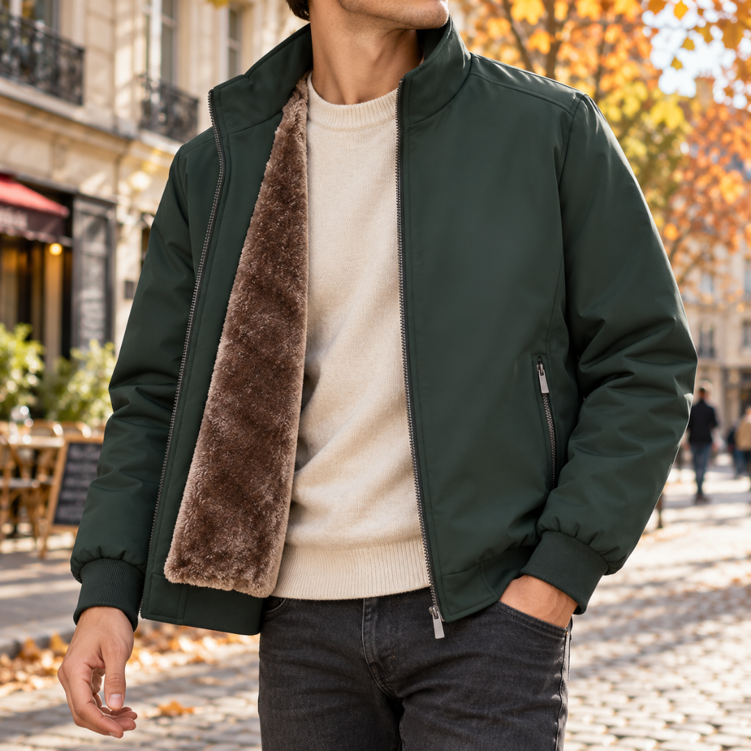 Blouson bomber homme vert foncé ouvert montrant l'intérieur effet fourrure brun