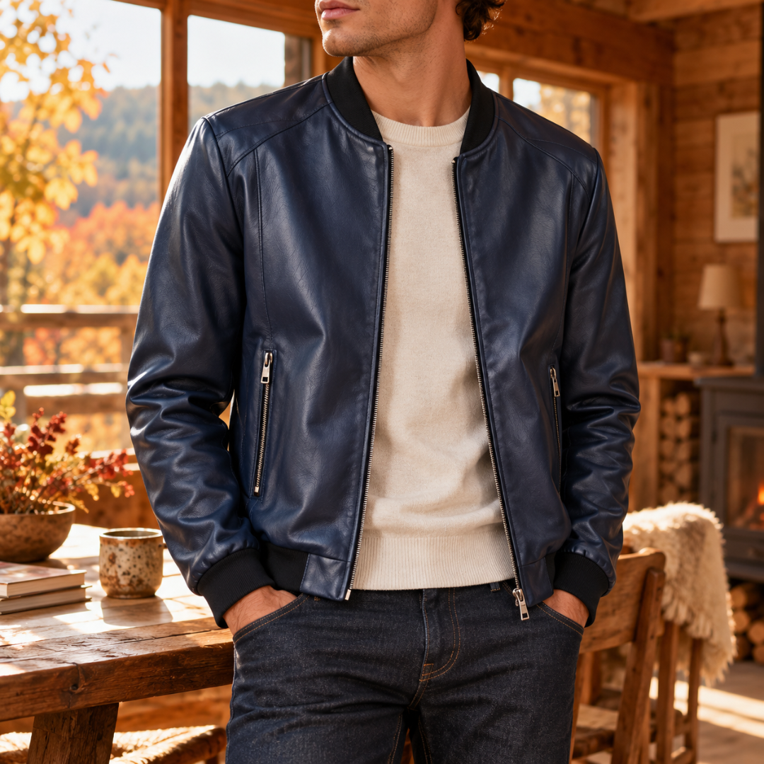 Blouson bomber homme bleu marine effet cuir avec poches zippées et col côtelé