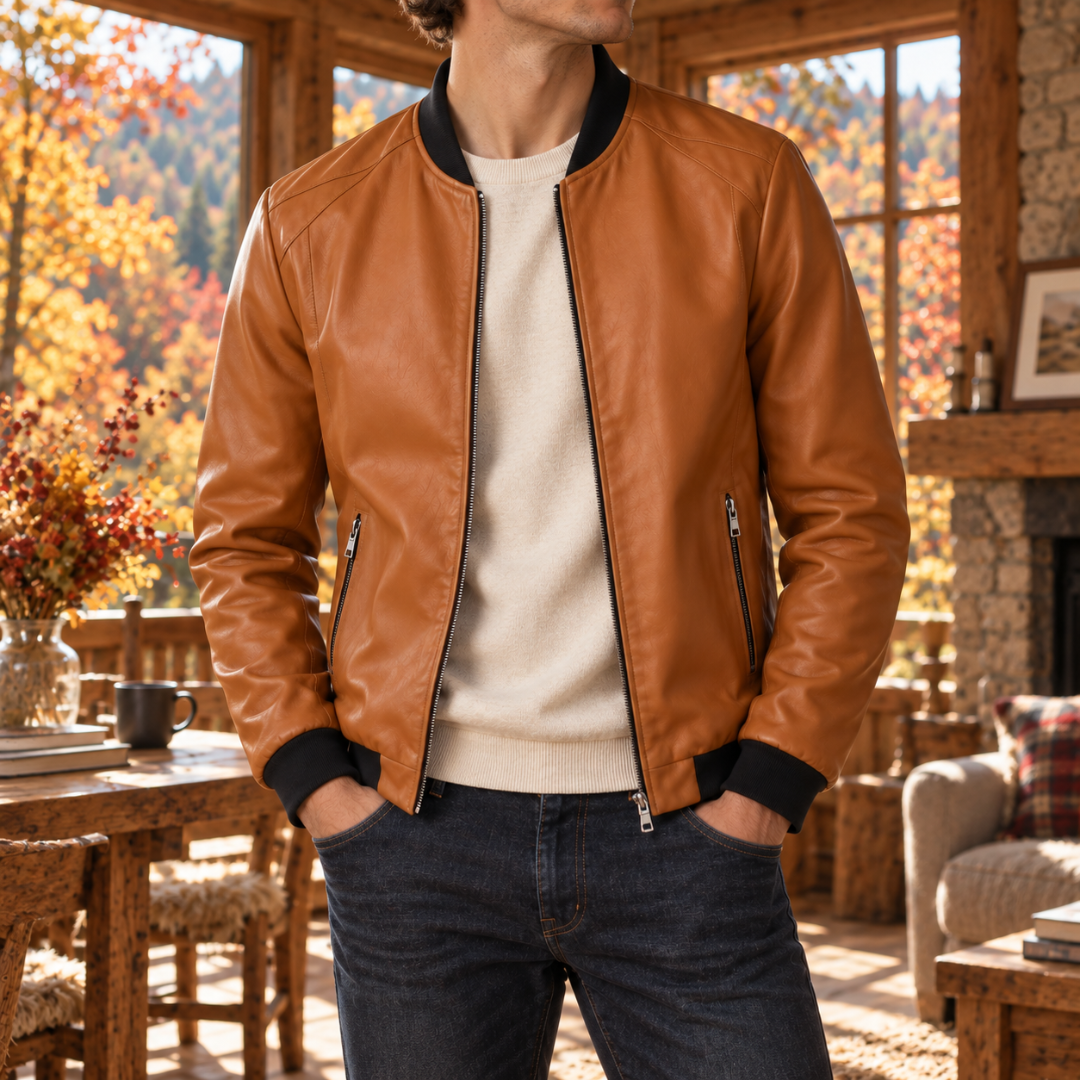 Blouson bomber homme marron effet cuir, zip ouvert et col côtelé noir