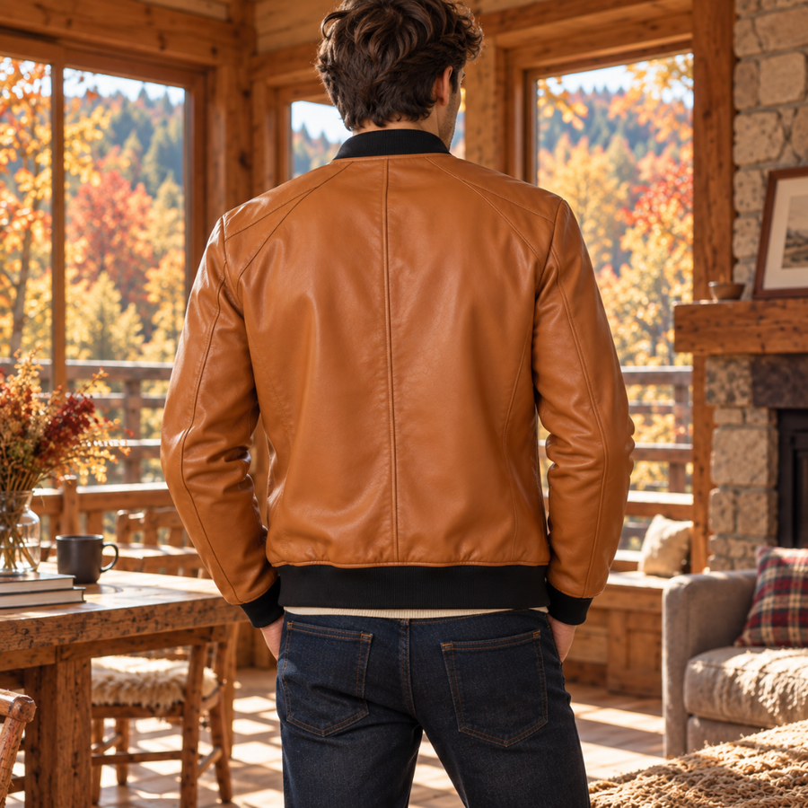 Dos du blouson bomber marron avec surpiqûres centrales et bande de taille côtelée