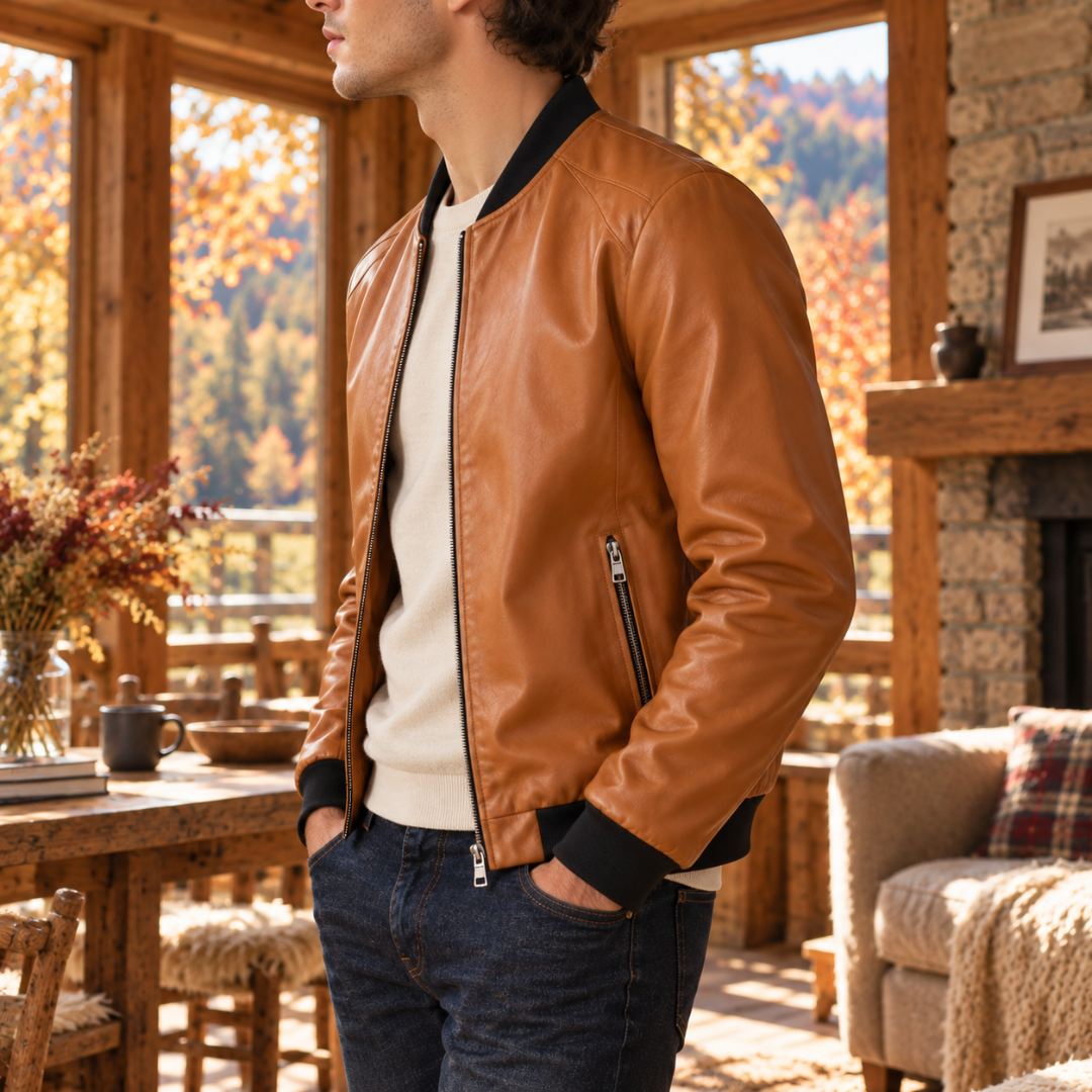 Blouson bomber marron de trois quarts, poche zippée visible sur le devant