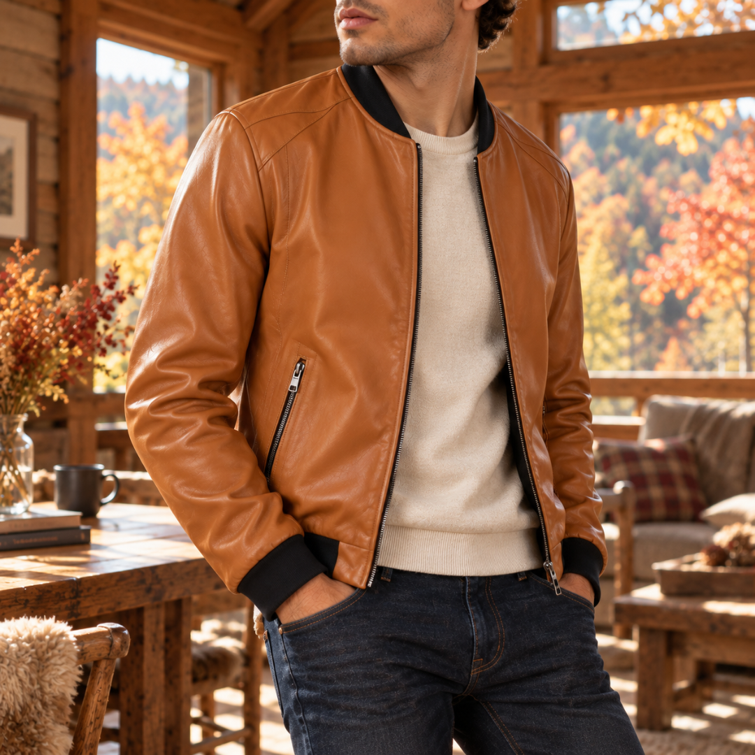 Blouson bomber marron porté ouvert sur un pull clair et un pantalon foncé