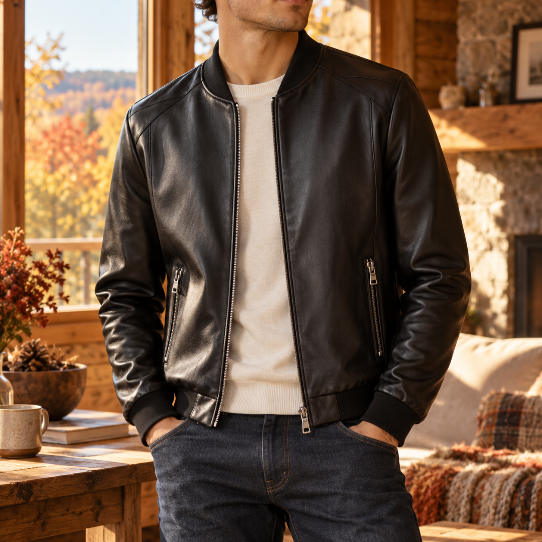 Blouson bomber homme noir effet cuir, zip argenté et poignets côtelés