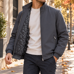 Blouson bomber homme gris foncé à fermeture éclair et intérieur matelassé