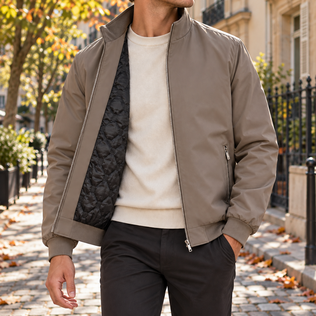 Blouson bomber homme kaki ouvert laissant voir l'intérieur matelassé noir