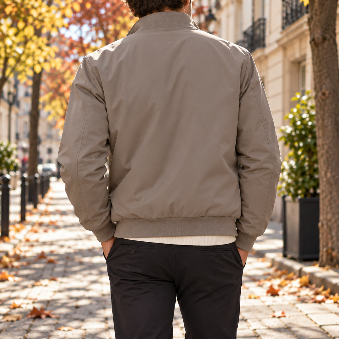 Dos du blouson bomber homme kaki avec bas côtelé et col montant