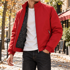Blouson bomber homme rouge à col montant, zip argenté et intérieur matelassé