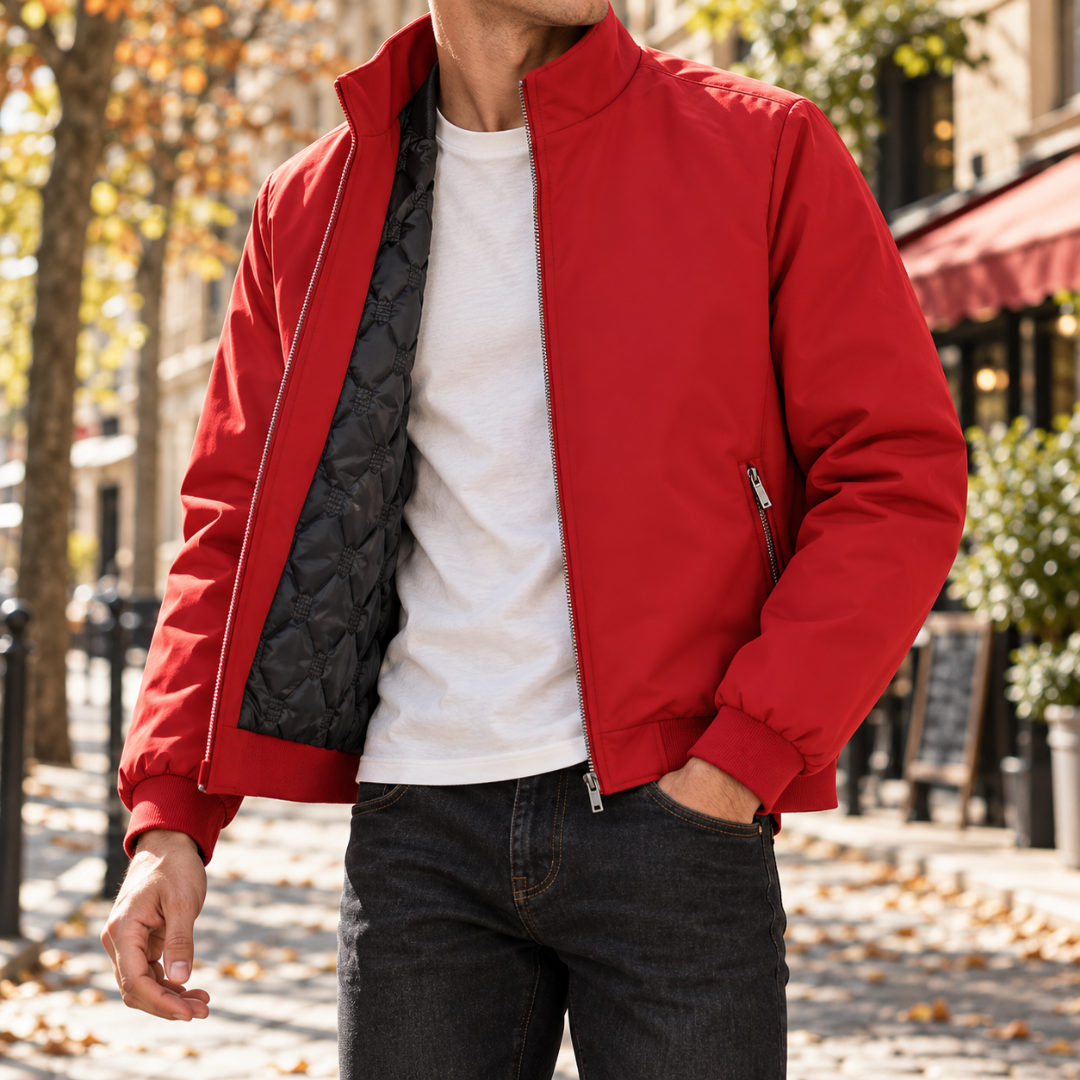 Blouson bomber homme rouge à col montant, zip argenté et intérieur matelassé