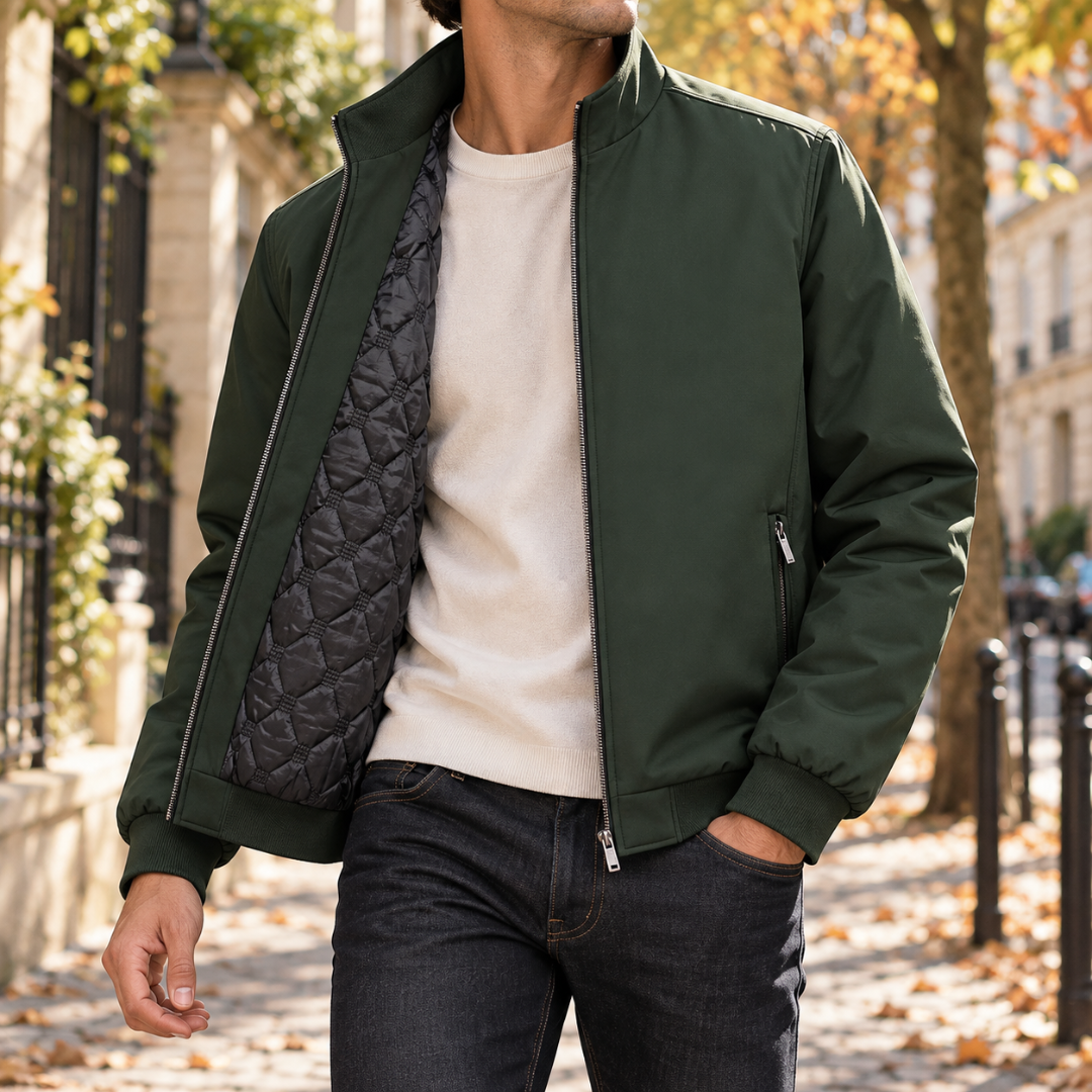 Blouson bomber homme vert foncé ouvert avec poche zippée et bords côtelés