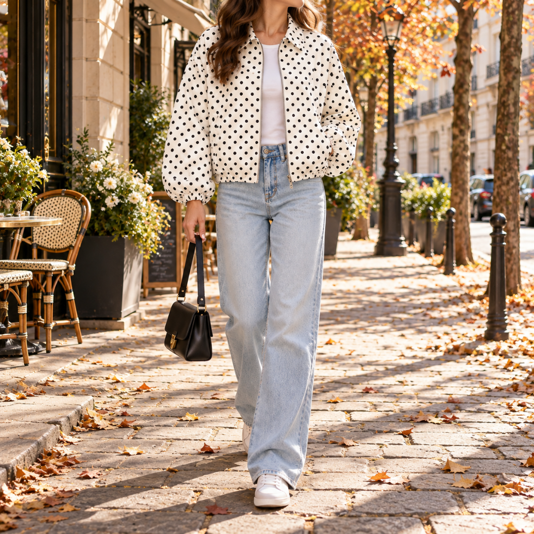 Blouson femme blanc à pois noirs, col chemise et fermeture zippée, porté ouvert