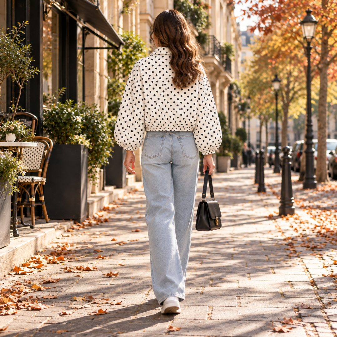 Dos du blouson femme blanc à pois noirs avec manches bouffantes et base resserrée
