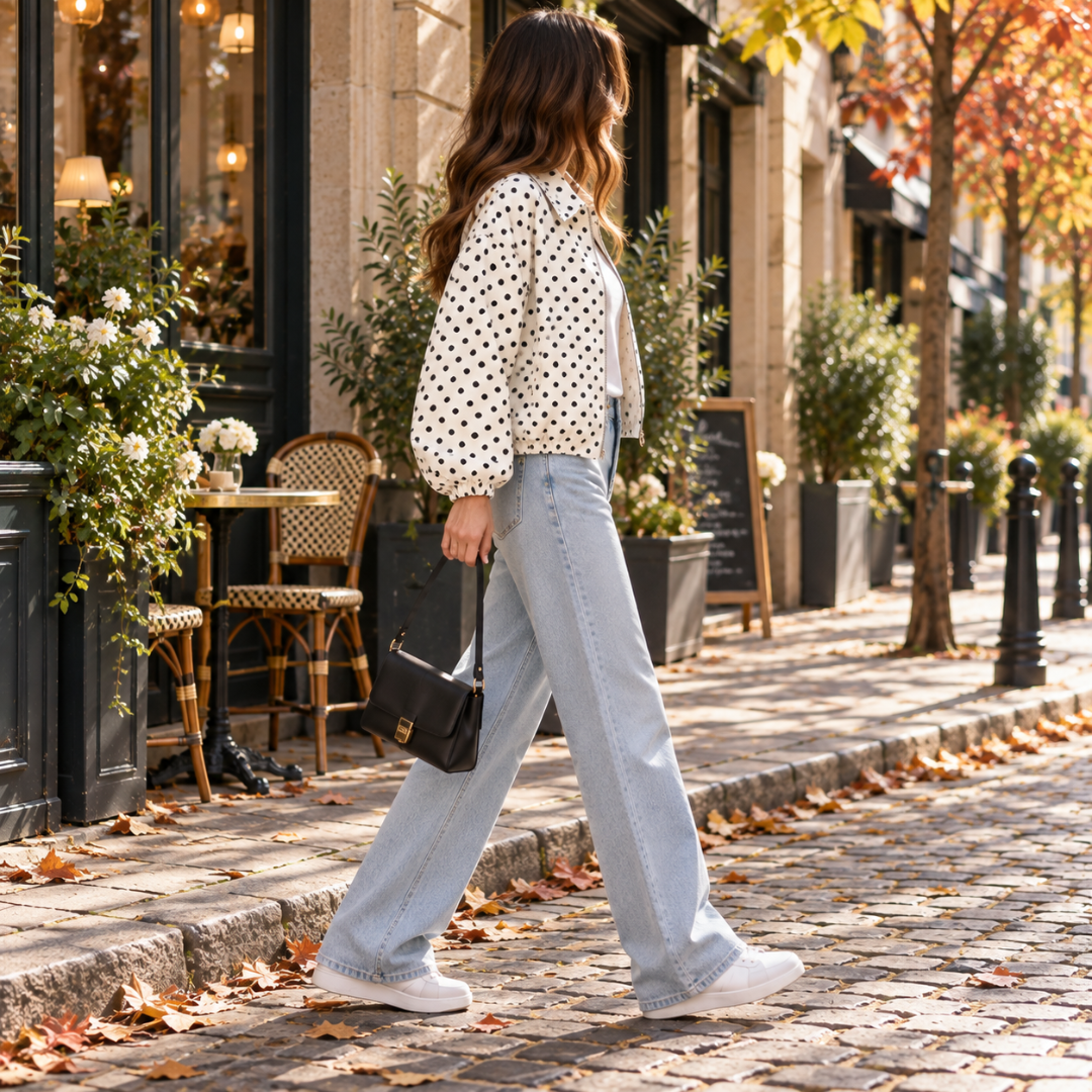Profil du blouson court blanc à pois, col chemise et coupe courte sur pantalon large