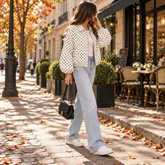 Blouson femme à pois blanc porté ouvert, poignets resserrés et silhouette arrondie