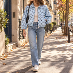 Blouson femme bleu clair à pois noirs avec zip ouvert et col chemise