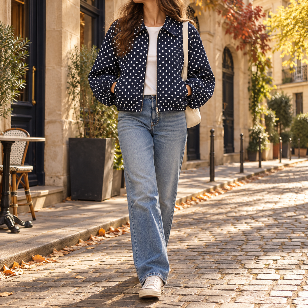 Blouson court bleu marine à pois blancs, zip ouvert et manches bouffantes