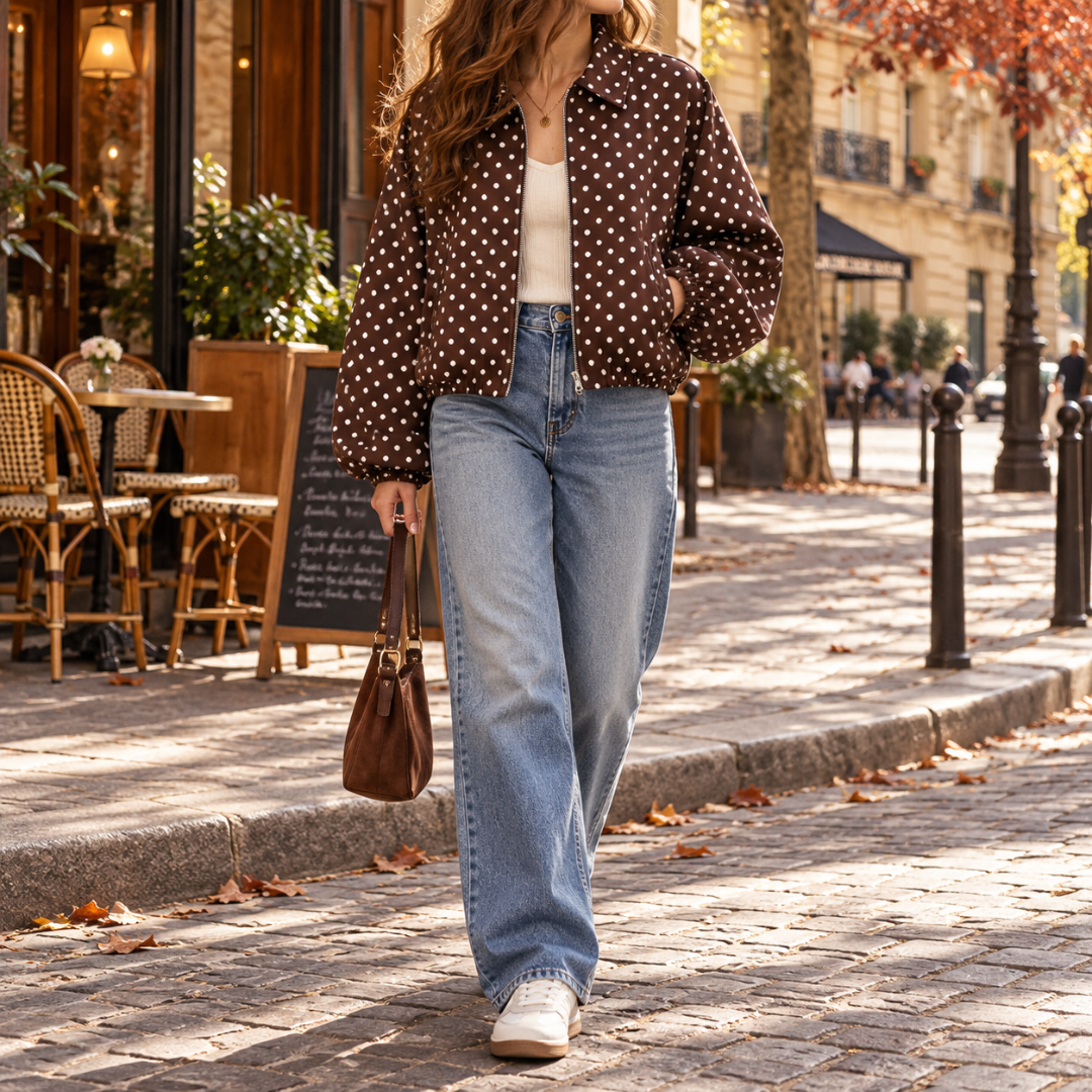 Blouson femme marron à pois blancs porté ouvert avec pantalon large