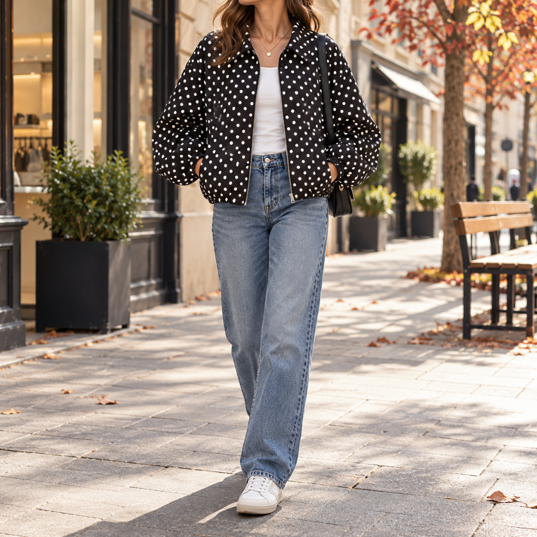 Blouson femme noir à pois blancs avec col chemise et poignets resserrés