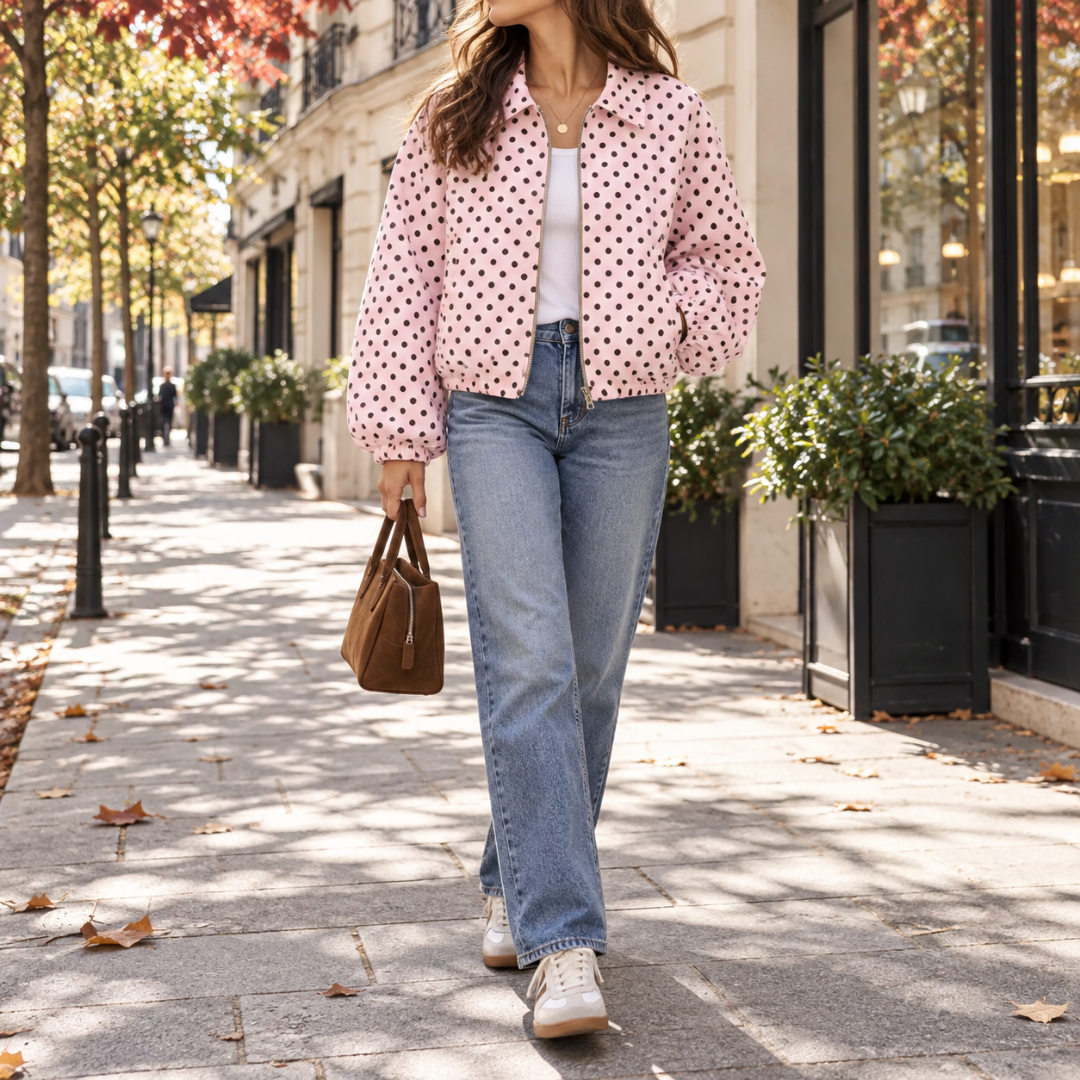 Blouson court rose à pois noirs, manches bouffantes et fermeture zippée devant