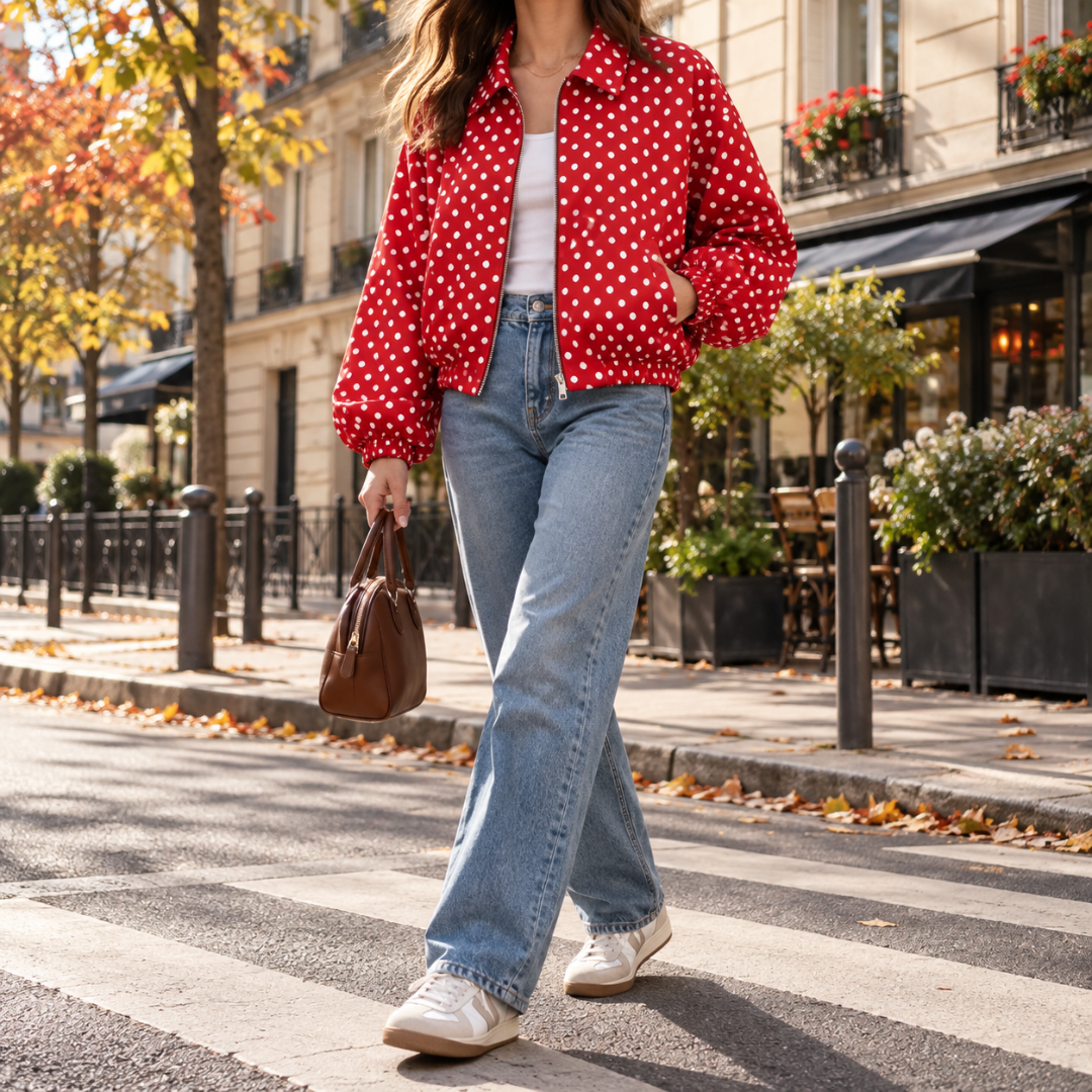 Blouson femme rouge à pois blancs, col chemise et base resserrée
