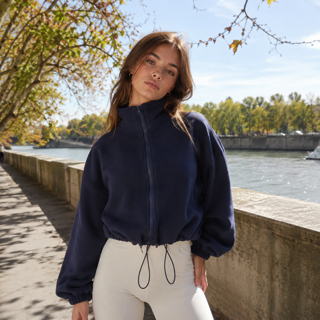 Blouson court bleu marine à col montant zippé et cordon au bas