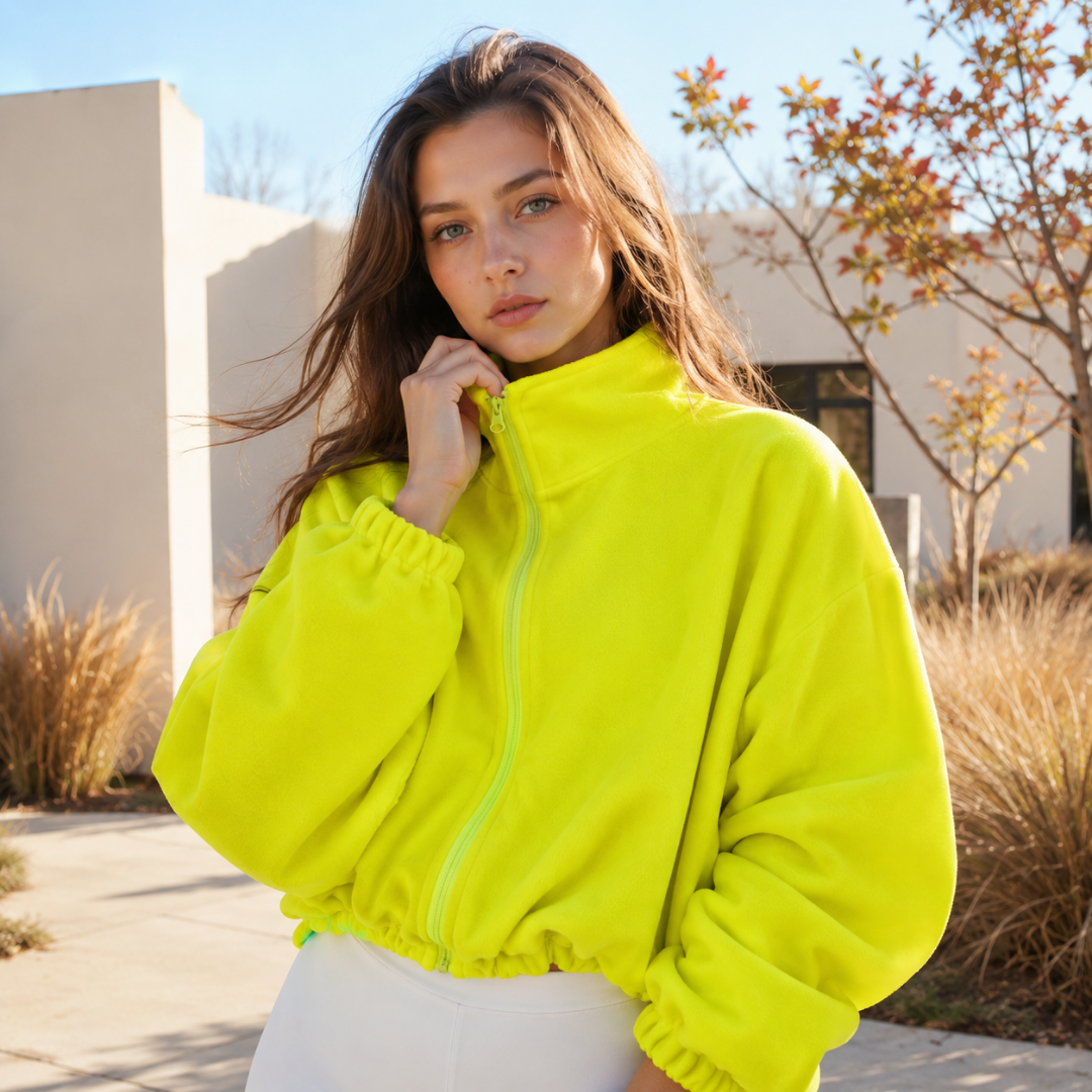 Blouson court jaune vif à col montant zippé et poignets resserrés