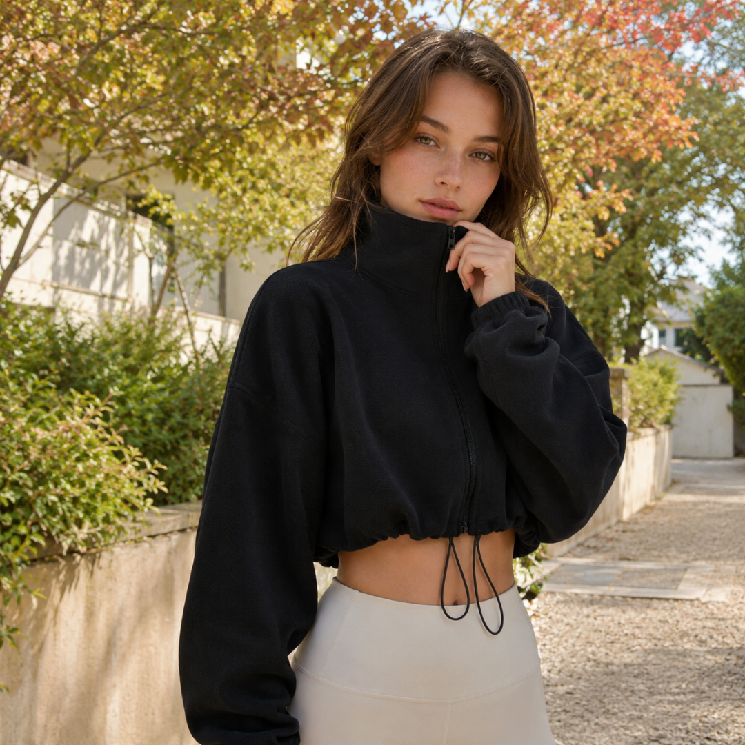 Blouson court noir à col montant, zip intégral et cordon noir