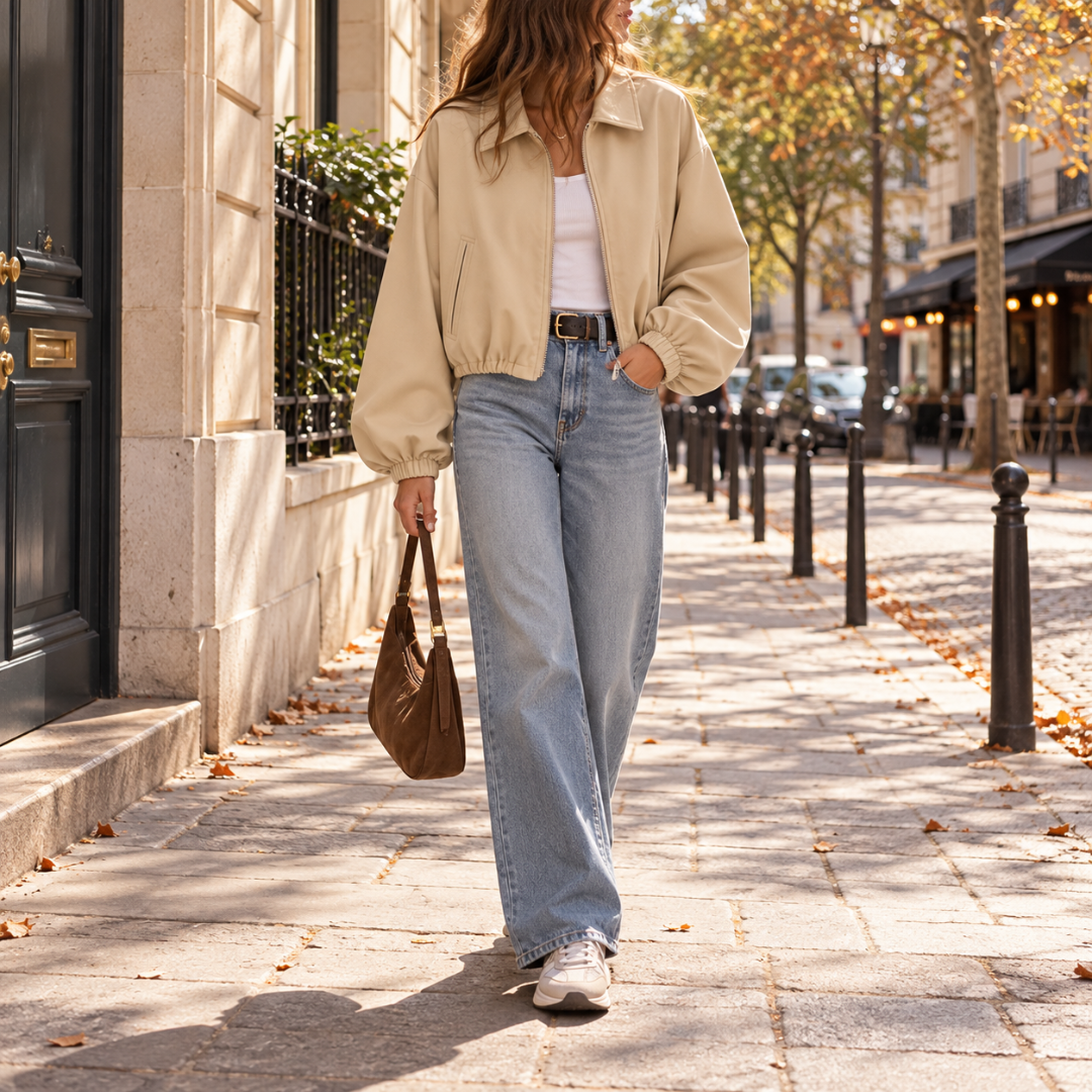Blouson court beige à poches passepoilées porté avec un pantalon large clair